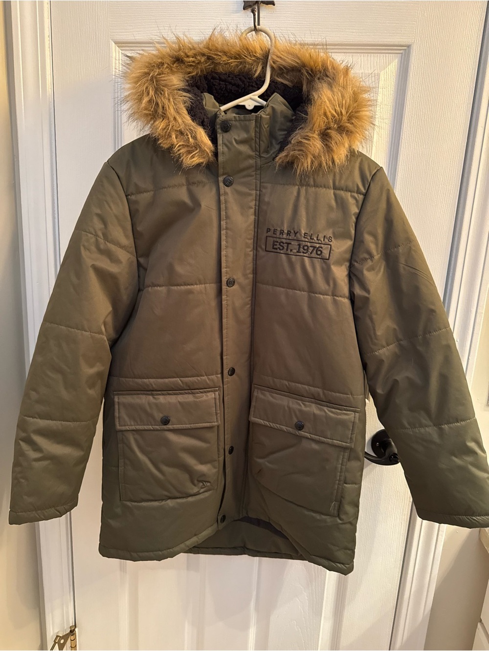 Perry Ellis Olive Hooded Puffer Coat with Faux Fur Trim